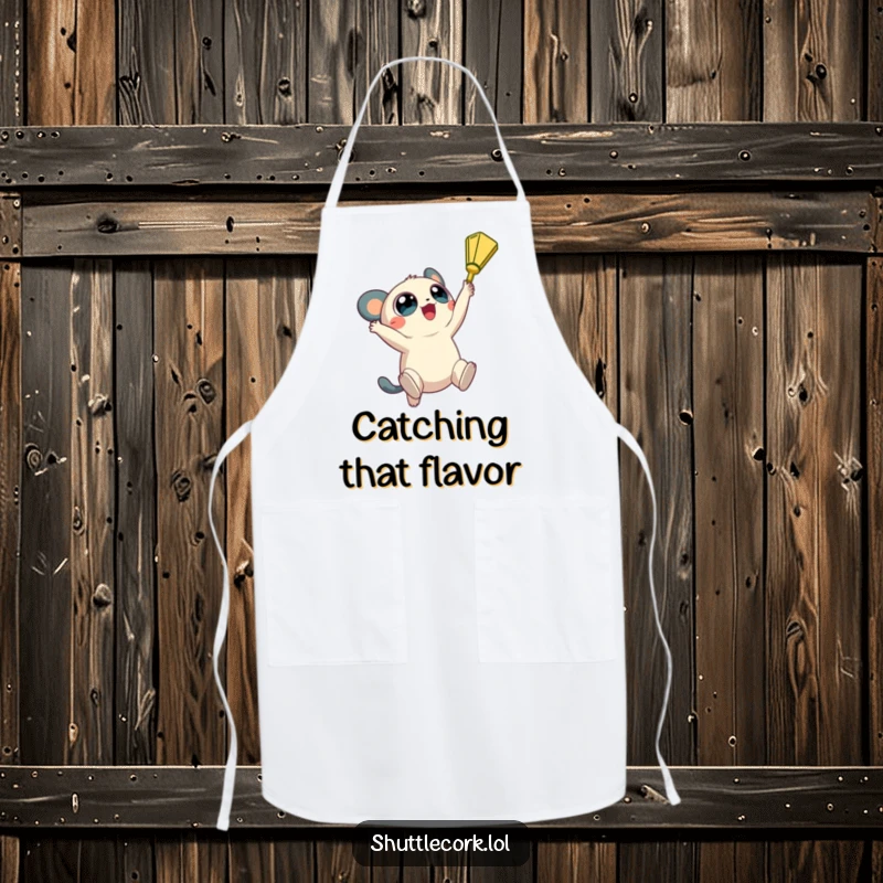 Funny apron: a creature with big, round eyes jumps high, reaching for a shuttlecock with determined kitchen ambition.
