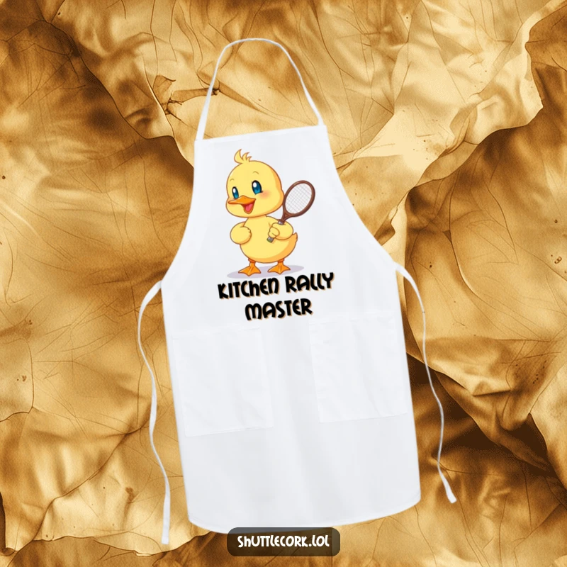 Funny apron featuring a cheerful duckling hitting a shuttlecock with a tiny racquet, adding a sporty and humorous touch to kitchen activities.
