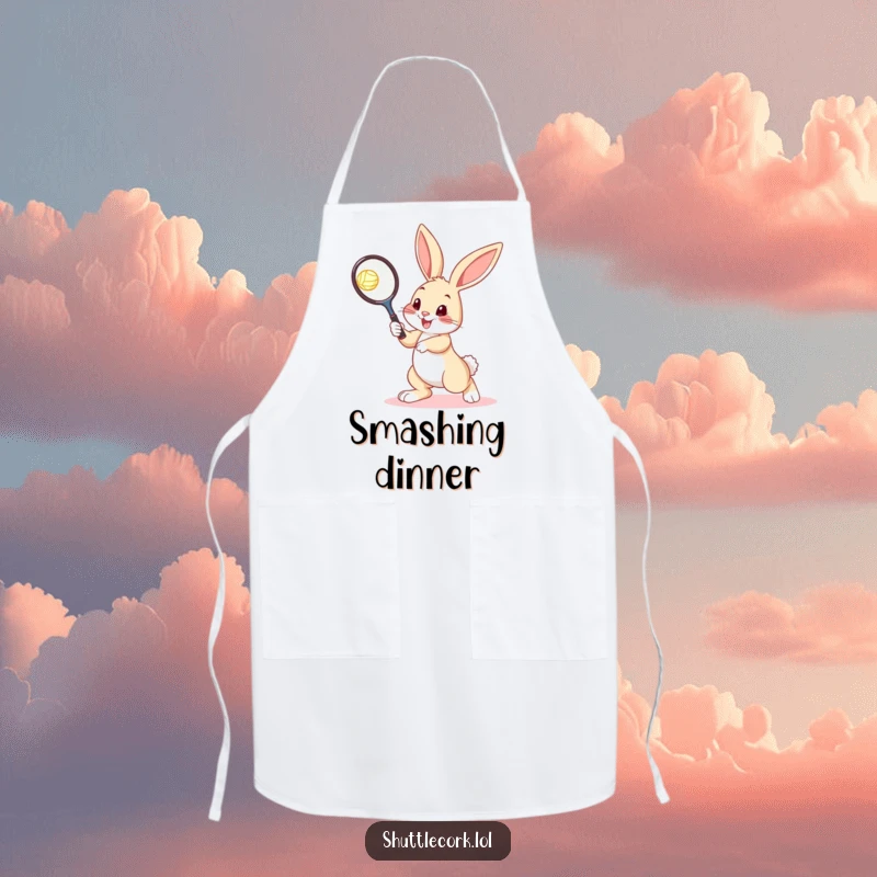Funny bunny apron with a bouncy bunny holding a tennis racquet, aiming at a shuttlecock, bringing sporty humor to cooking.