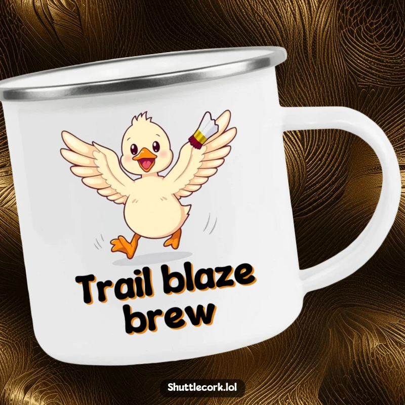 Funny camping mug featuring an energetic duckling with wings spread wide, chasing a shuttlecock, perfect for outdoor fun.