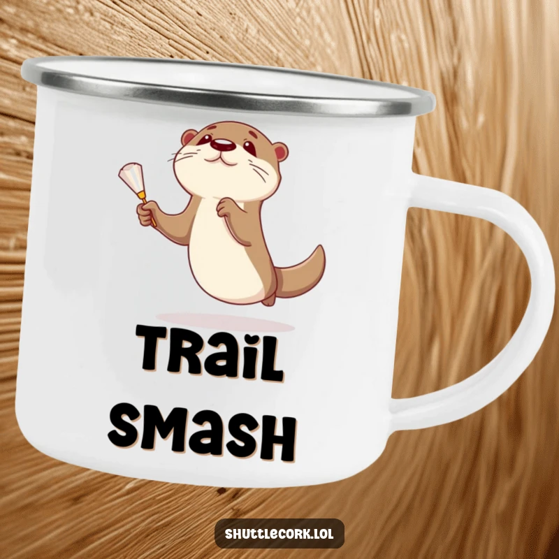 Funny otter camping mug showing a curious otter making an athletic leap for a shuttlecock, great for outdoor sports fans.