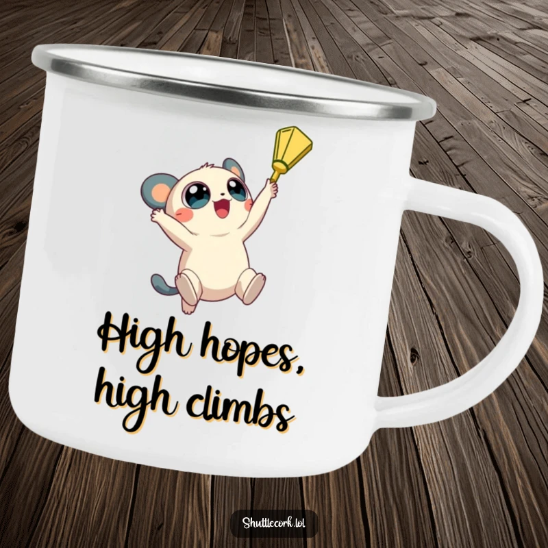 Funny camping mug: a creature with big, round eyes jumps high, reaching for a shuttlecock, perfect for ambitious journeys.
