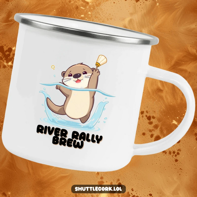 Funny camping mug featuring a playful otter diving with a splash, shuttlecock in tow, perfect for outdoor enthusiasts.