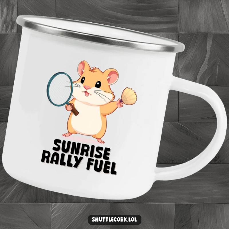 Funny camping mug featuring a determined hamster with a badminton racket, perfect for outdoor enthusiasts and coffee lovers.