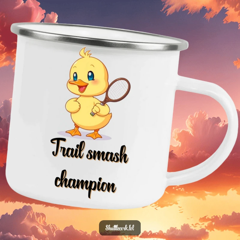 Funny camping mug with a cheerful duckling hitting a shuttlecock with a tiny racquet, perfect for outdoor enthusiasts who enjoy sports and humor.