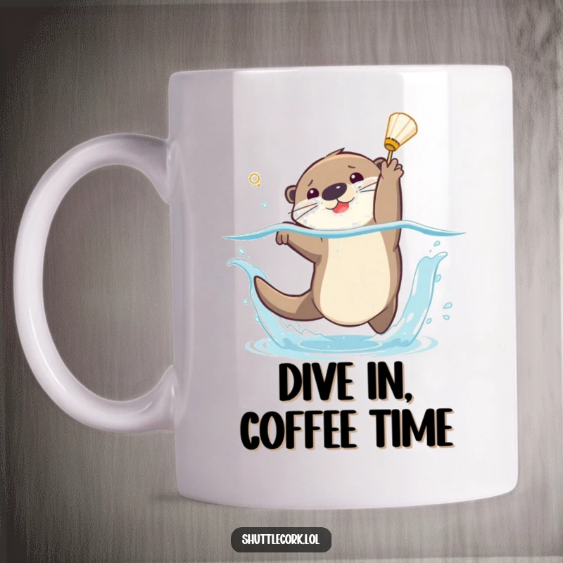 Funny otter mug graphic of a playful otter mid-splash, expertly diving to catch a falling shuttlecock during a badminton game.