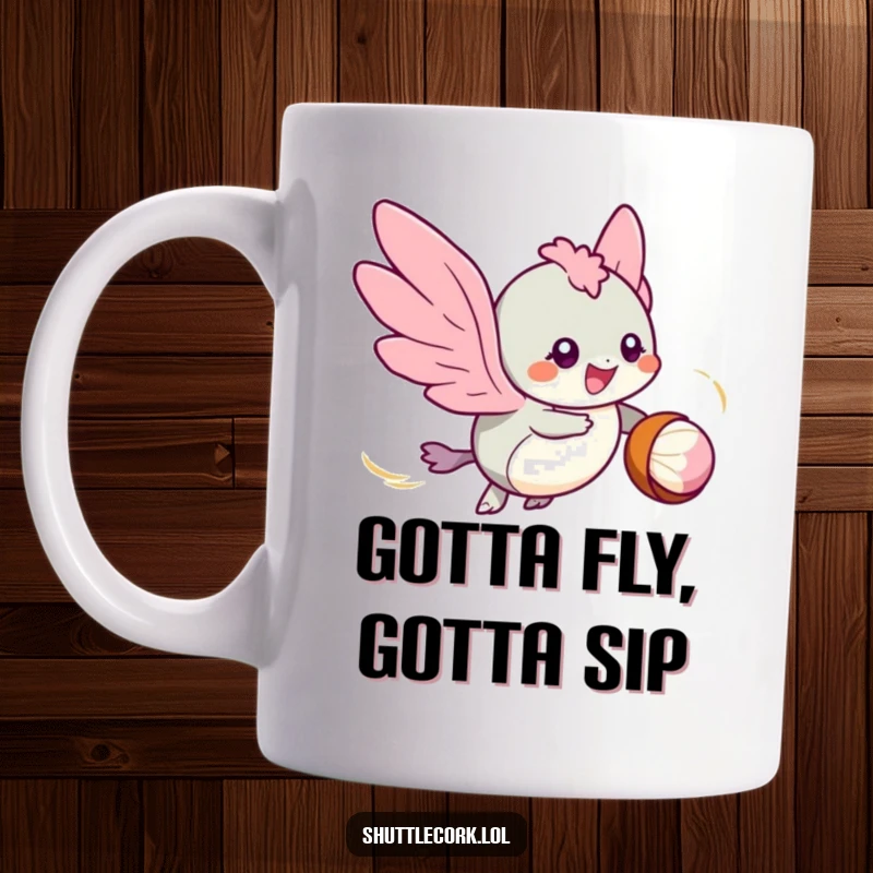 Funny mug: a speedy creature with tiny wings zips around a shuttlecock, eyes sparkling with thrilling badminton excitement.