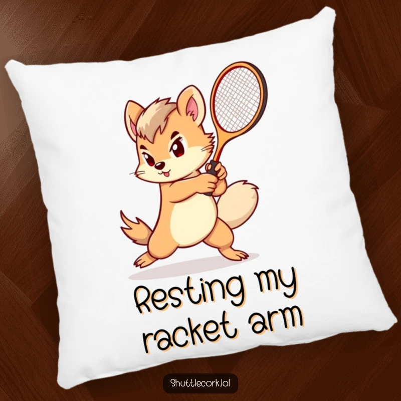 Funny pillow: a determined creature with a fluffy tail swings a miniature racket with impressive speed and playful determination.