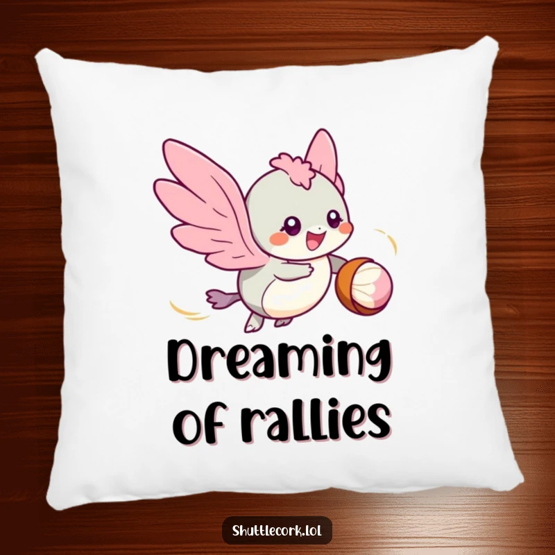 Funny pillow: a speedy creature with tiny wings zips around a shuttlecock, eyes sparkling with the exhilaration of play.