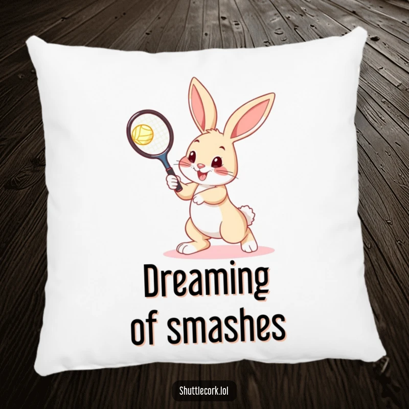 Funny bunny pillow showcasing a bouncy bunny holding a tennis racquet, ready to play, adding a touch of sportiness.