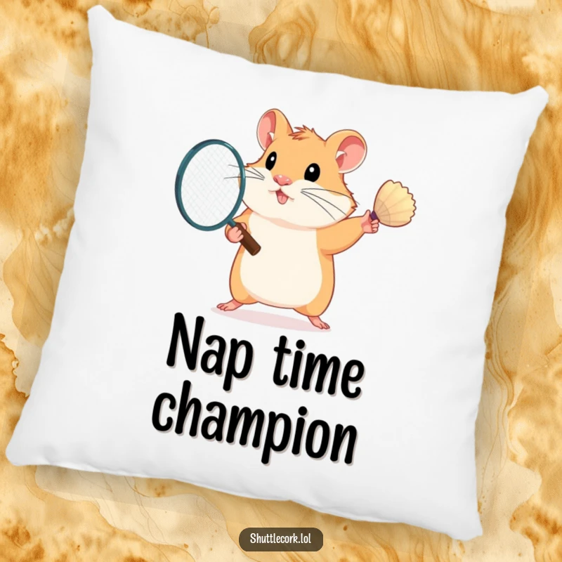 Funny pillow featuring a cute, determined hamster actively swinging a badminton racket, bringing athletic charm to any room.