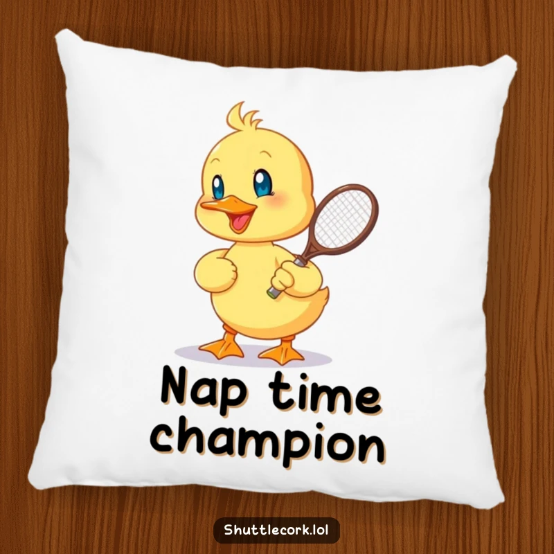 Funny pillow with a cheerful duckling hitting a shuttlecock with a tiny racquet, bringing a playful and sporty presence to any room.