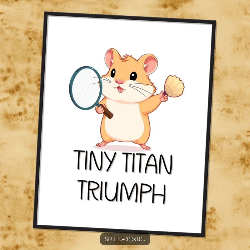 Funny digital art of a determined hamster in mid-action, swinging a badminton racket with impressive focus and flair.