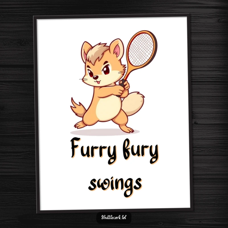 Funny digital art print: a determined creature with a fluffy tail swings a miniature racket with impressive speed and focus.