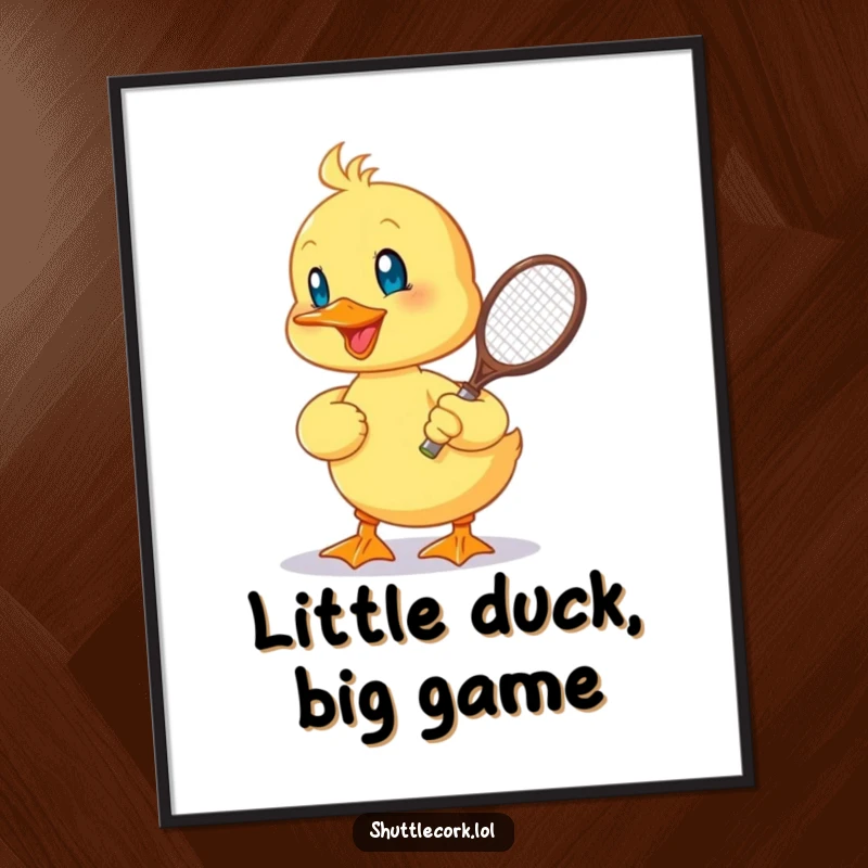 Funny digital art print of a cheerful duckling hitting a shuttlecock with a tiny racquet, a delightful and humorous sporty decoration.