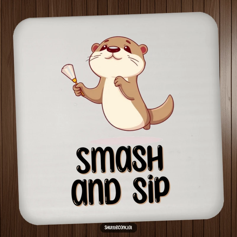 Funny otter coaster depicting a curious otter leaping for a shuttlecock, a whimsical addition to any drink surface.