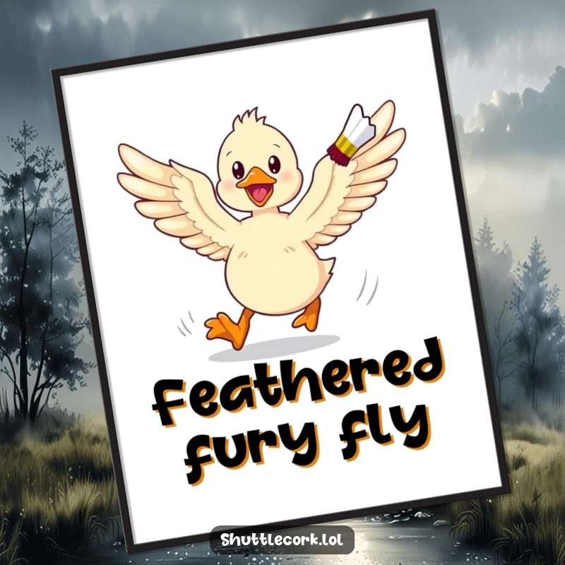 Funny poster art of an energetic duckling with wings spread wide, racing across a badminton court after a shuttlecock.