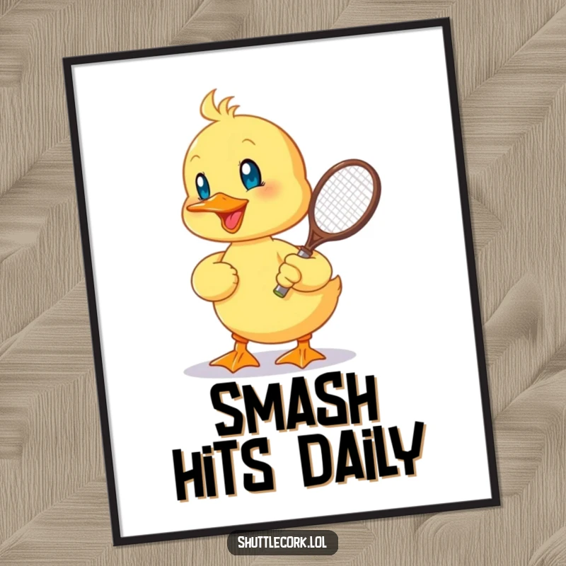 Funny poster showcasing a cheerful duckling energetically hitting a shuttlecock with a tiny racquet, celebrating playful sportsmanship.