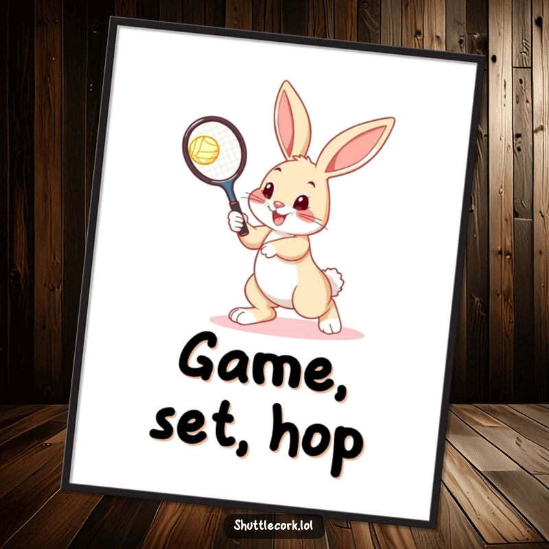 Funny bunny poster featuring a bouncy bunny with a tennis racquet, aiming at a shuttlecock, capturing sporty fun.