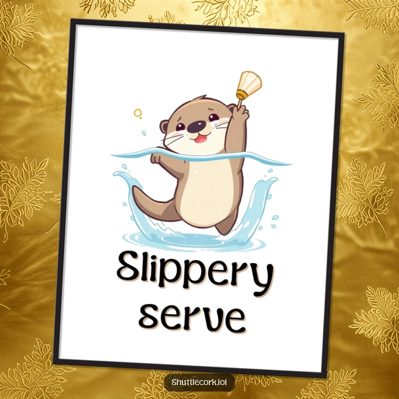 Funny poster art capturing a dramatic splash as a playful otter dives with agility to catch a falling shuttlecock.