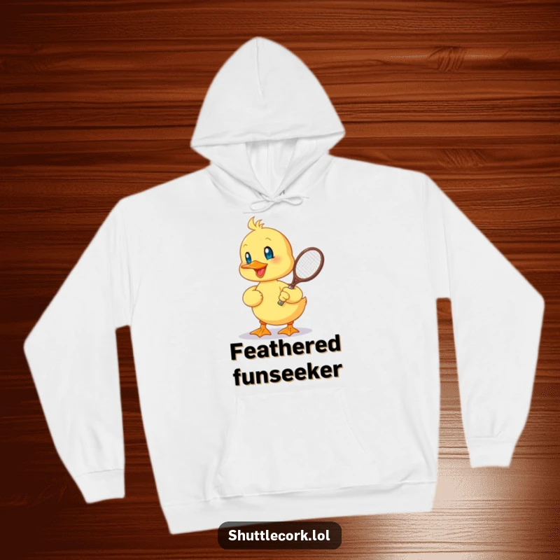 Funny hoodie featuring a cheerful duckling hitting a shuttlecock with a tiny racquet, capturing a moment of playful athletic fun.