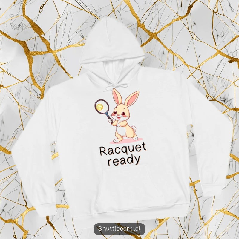 Funny bunny hoodie showing a bouncy bunny holding a tennis racquet, preparing to hit a shuttlecock, with a playful vibe.