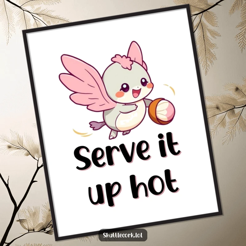 Funny Free Printable Wall Art: A speedy winged creature zips around a shuttlecock, its eyes sparkling with energetic excitement.