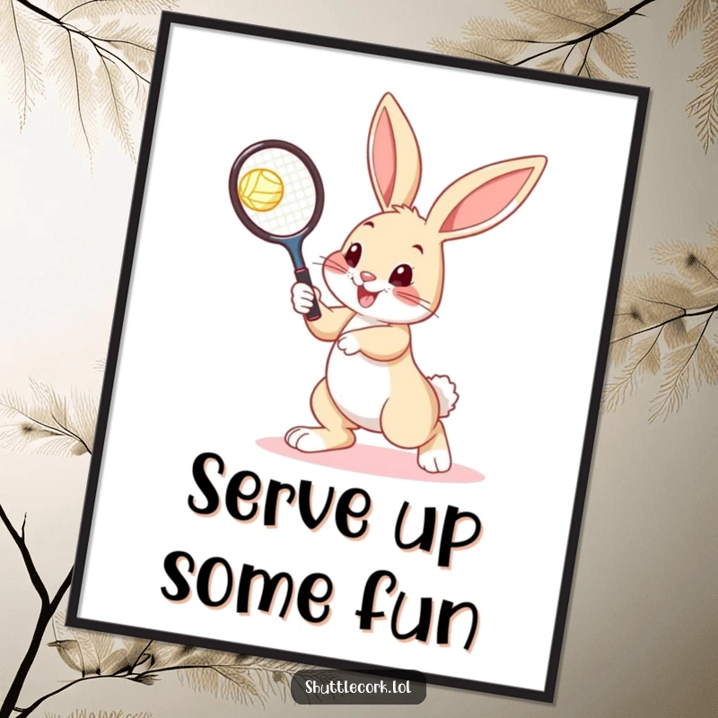 Funny Free Printable Wall Art: A cheerful bunny in mid-hop, aiming a racquet at a shuttlecock, dynamic and fun sports theme.