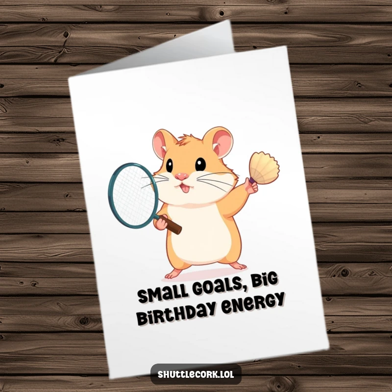 Funny Free Printable Birthday Card: Cute hamster with determined face swings tiny badminton racket, ready for party games.