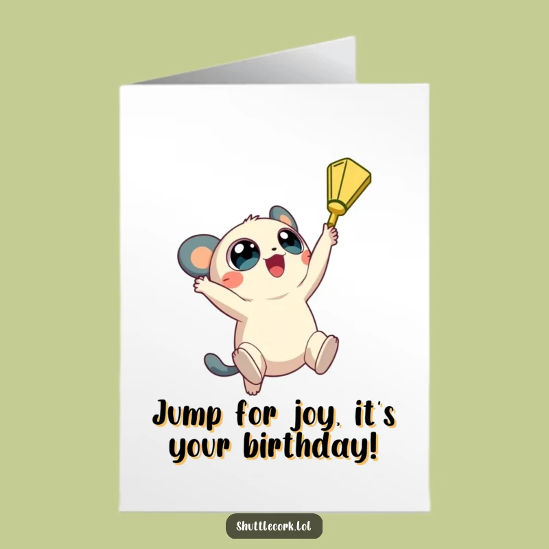 Free Printable Birthday Card: Big-Eyed Creature Badminton Jump Downloadable Gift!