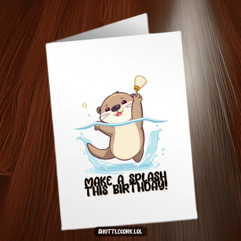 Funny Free Printable Birthday Card: Playful otter mid-dive with a splash, reaching for a falling shuttlecock with a smile.