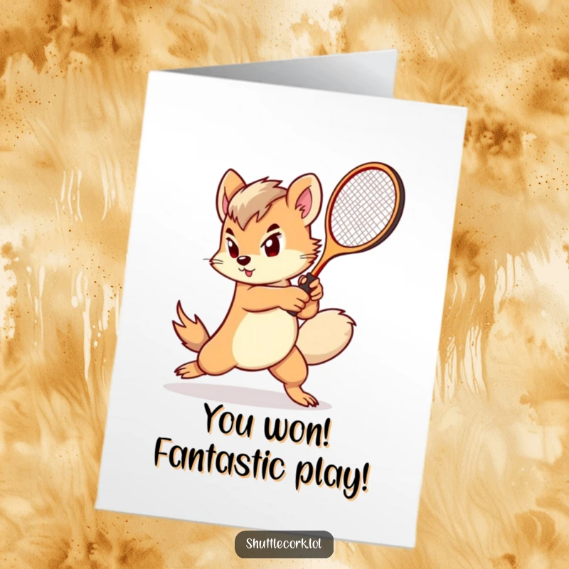 Funny Free Printable Congrats Card: Creature with a fluffy tail determinedly swings a miniature racket with impressive speed, celebrating victory.