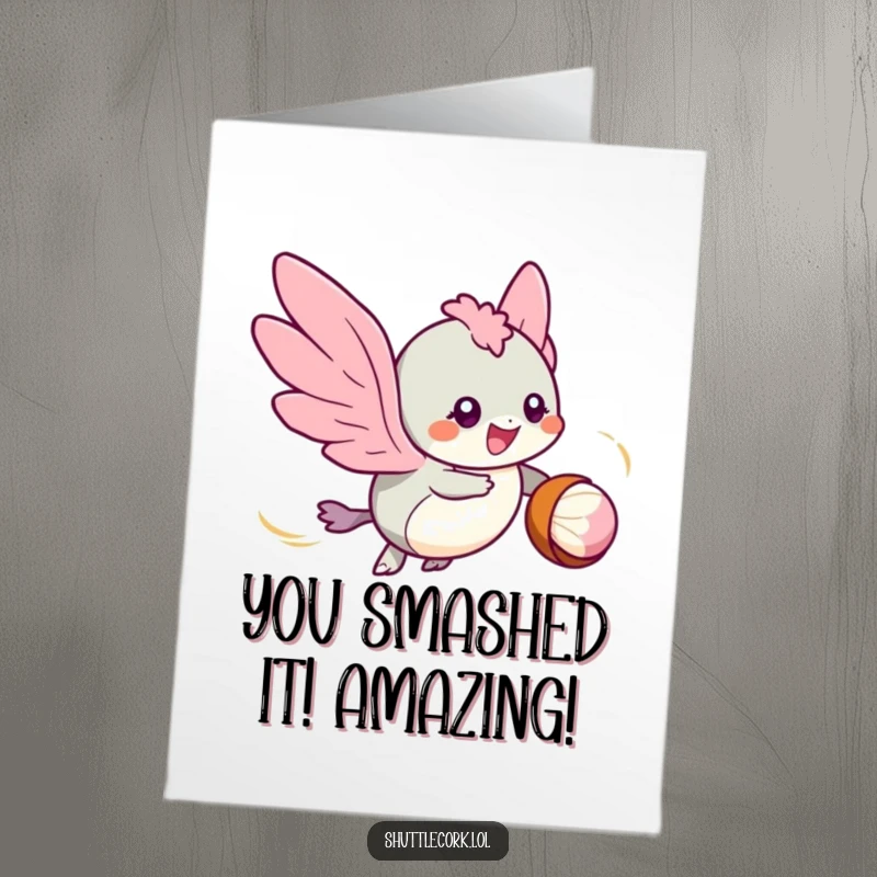 Funny Free Printable Congrats Card: Excited winged creature rapidly zipping around a shuttlecock, celebrating a well-earned victory.