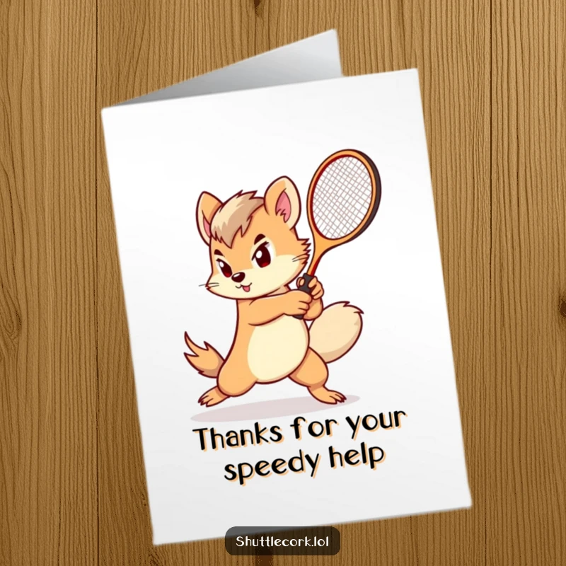 Funny Free Printable Thank You Card: Determined creature with a fluffy tail swings a small racket rapidly, conveying thanks with speed.