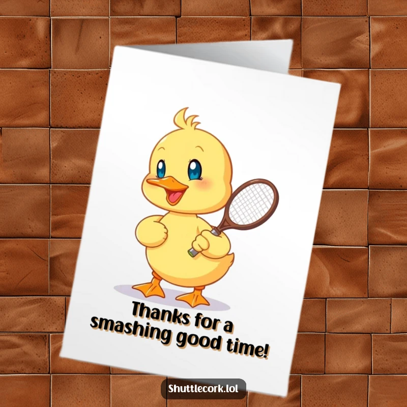 Funny Free Printable Thank You Card: A cheerful duckling hits a shuttlecock with a tiny racquet. Expressing thanks energetically.