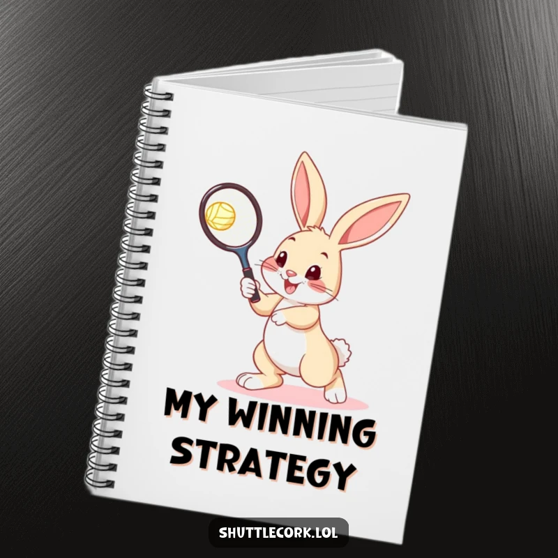 Funny bunny notebook cover with a bouncy bunny holding a tennis racquet, ready to hit a shuttlecock, symbolizing active note-taking.