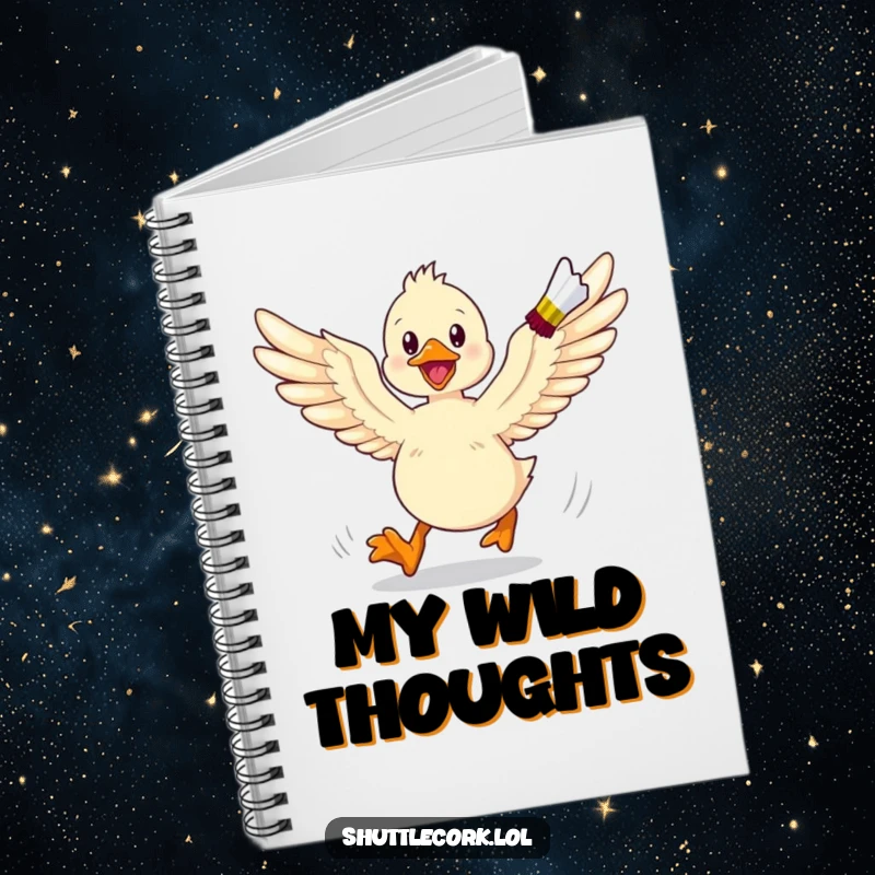 Funny notebook cover with an energetic duckling, wings spread wide, chasing a shuttlecock, ready for jotting down notes.