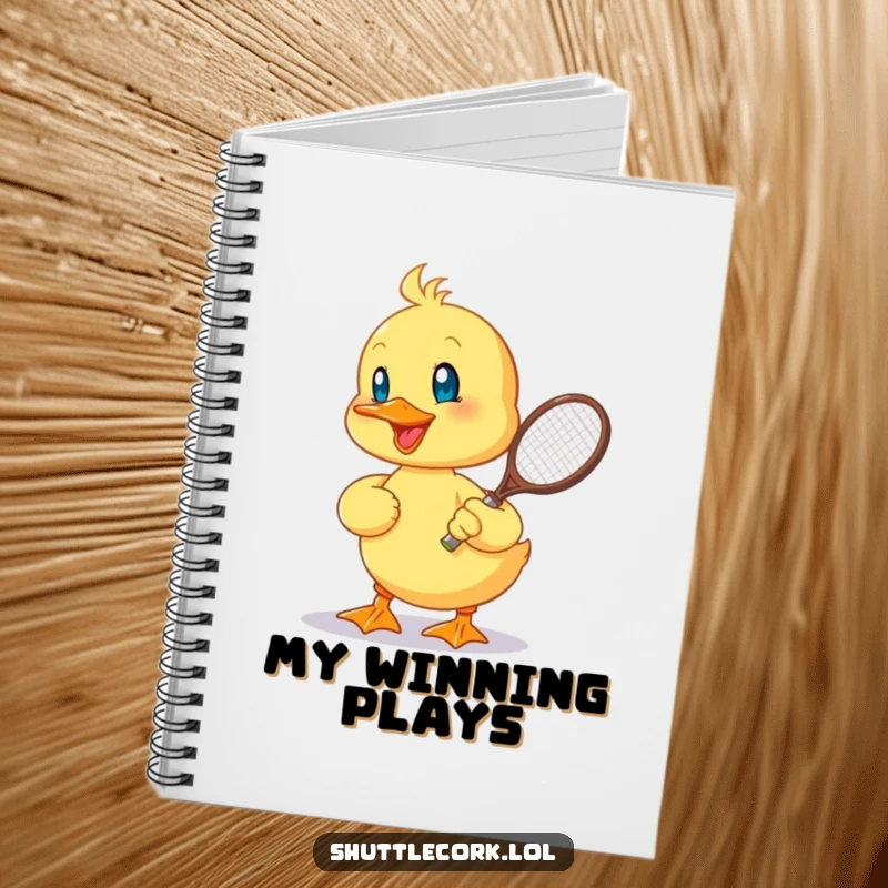 Funny notebook with a cheerful duckling hitting a shuttlecock with a tiny racquet, perfect for capturing game plans and creative ideas with humor.