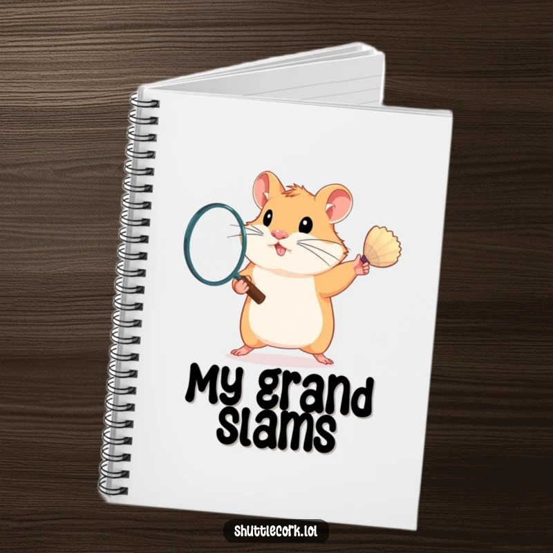 Funny notebook cover with a determined hamster wielding a badminton racket, ready to score points and jot down notes.