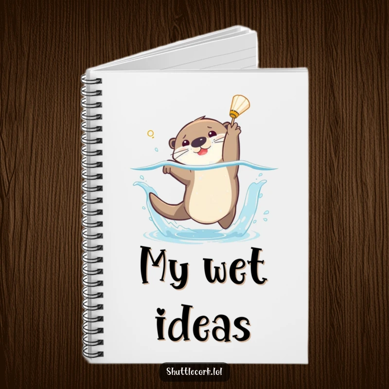 Funny notebook cover illustrating a playful otter making a splashy dive to catch a shuttlecock, ready for jotting down notes.