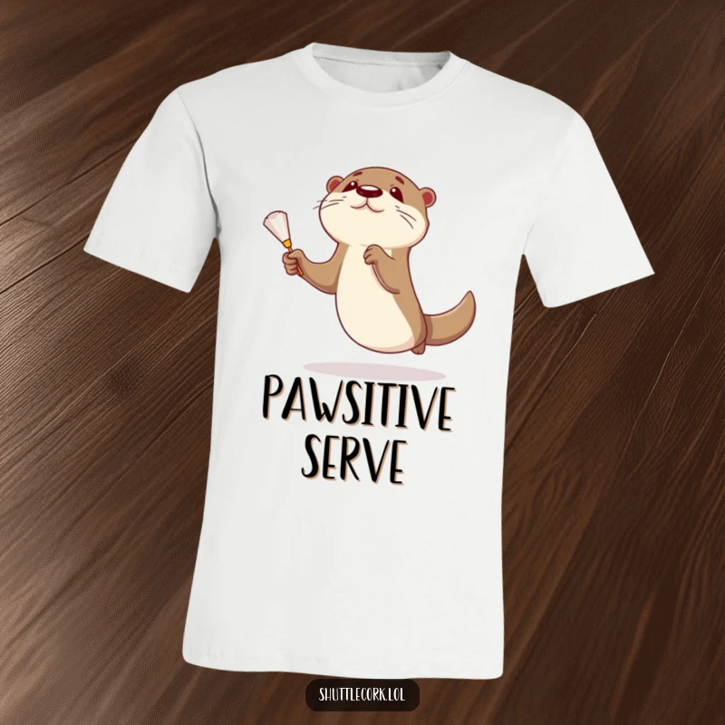 Funny otter t-shirt with a curious otter mid-leap, paws reaching for a shuttlecock, celebrating the joy of badminton.