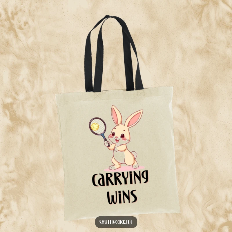 Funny bunny tote bag with a bouncy bunny holding a tennis racquet, ready to serve, ideal for sports lovers.